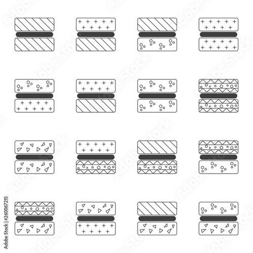 A set of icons showing various options for glued surfaces, wood, glass, stone and others. Vector on white background.