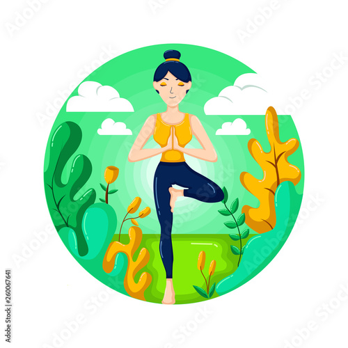 Vector Illustration of young girl exercise yoga with beautiful landscape
