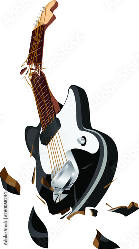 Smashing guitar. Broken guitar griff and strings.Broken electric guitar vector.