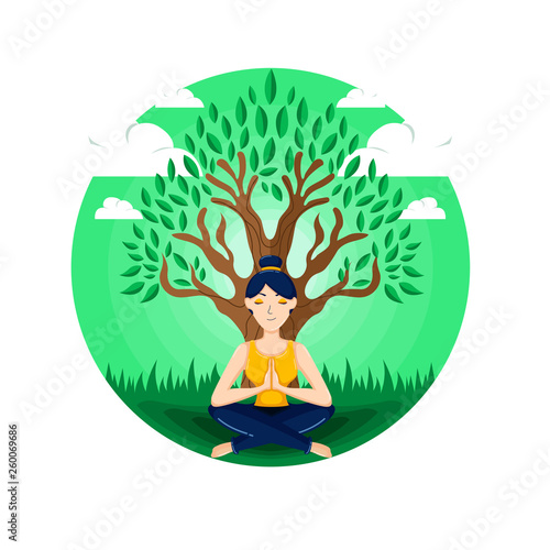 Vector Illustration of young girl exercise yoga with beautiful landscape