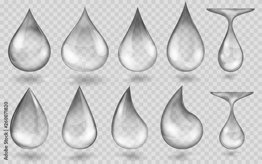 Set of translucent water drops in gray colors in various shapes, isolated on transparent background. Transparency only in vector format Set of translucent water drops in gray colors in various shapes, isolated on transparent background. Transparency only in vector format