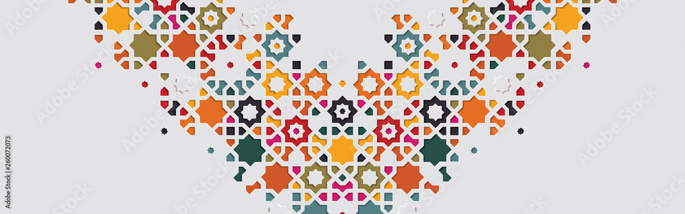Arabic arabesque design greeting card for Ramadan Kareem, Islamic ornamental colorful detail of mosaic Arabic arabesque design greeting card for Ramadan Kareem, Islamic ornamental colorful detail of mosaic