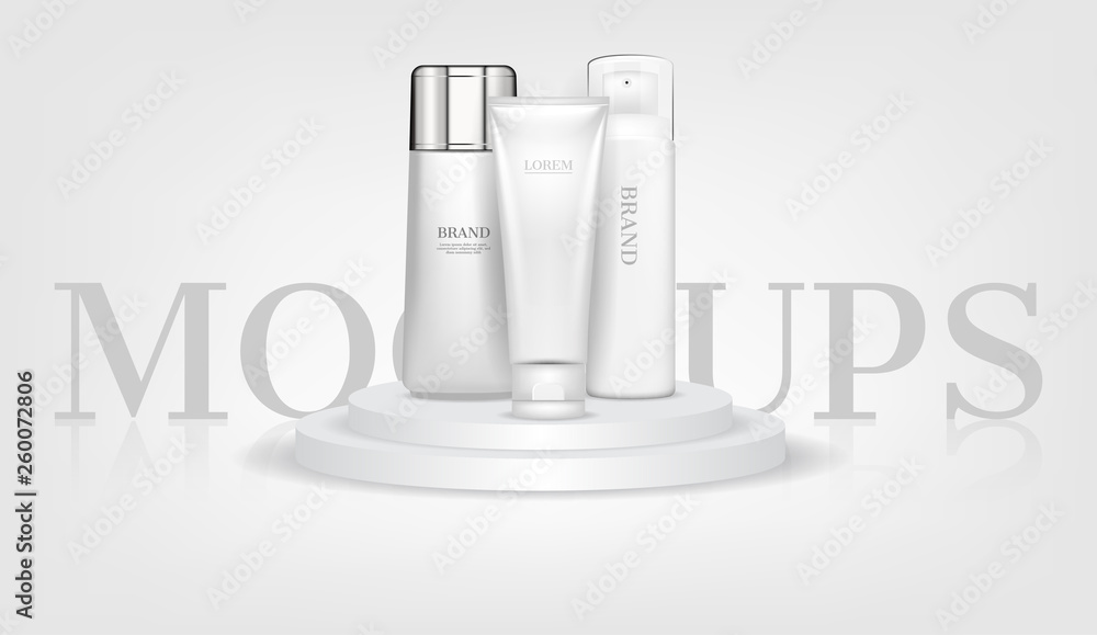 Cosmetic mockups on white podium Cosmetic mockups on white podium