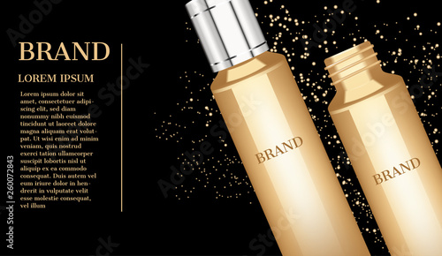 Gold moisturizer and small glitter on dark blackground