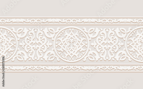 Ornamental monochrome floral patterned stone relief in arabic architectural style of islamic mosque, greeting card for Ramadan Kareem