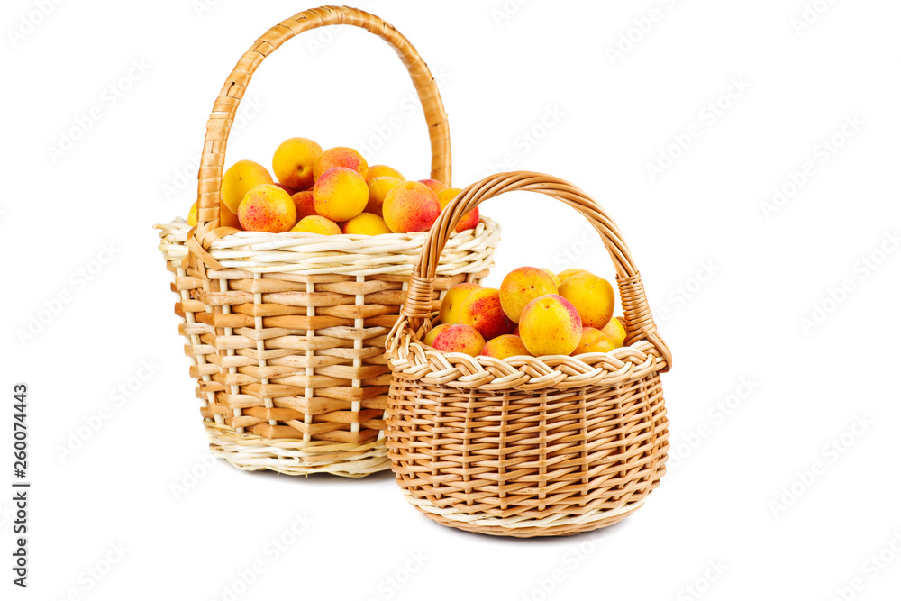 Fresh apricots in wicker baskets isolated on white background Fresh apricots in wicker baskets isolated on white background