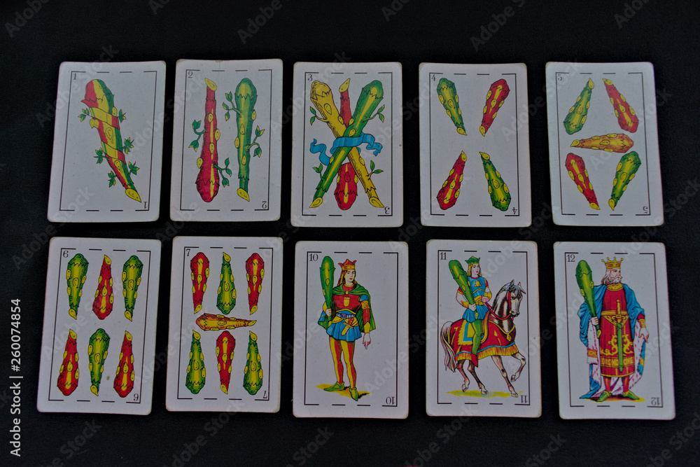 maces cards of a spanish playing cards deck, from the ace to the king