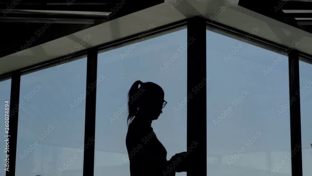 dark silhouette of adult woman standing against large window with blue sky view dark silhouette of adult woman standing against large window with blue sky view