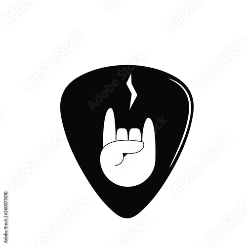 Mediator black rock goat, sign with hand, swith string, guitar playing, rock music. Logo for the music group, band. Isolated on white background, vector.