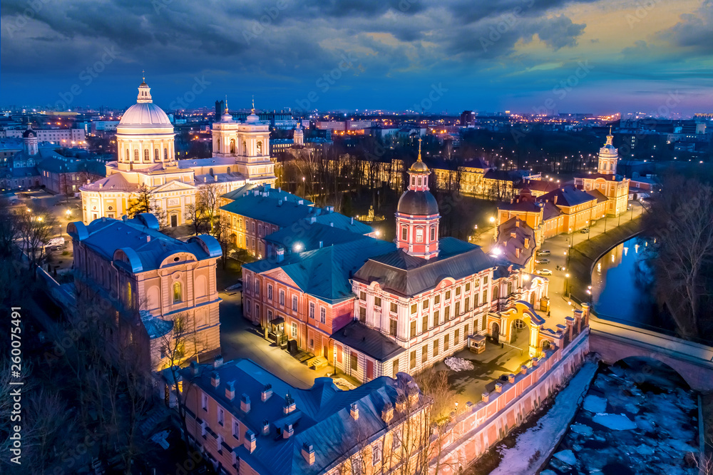 Fototapeta premium Saint Petersburg. City center. Church. Alexander Nevsky Monastery. Fragment of St. Petersburg. Alexander Nevsky Square. Architecture cities of Russia. Streets of Petersburg.