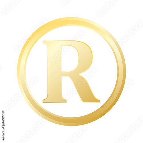 Registered trademark gold metal gradient. Registered trademark letter R in circle sign, vector.
