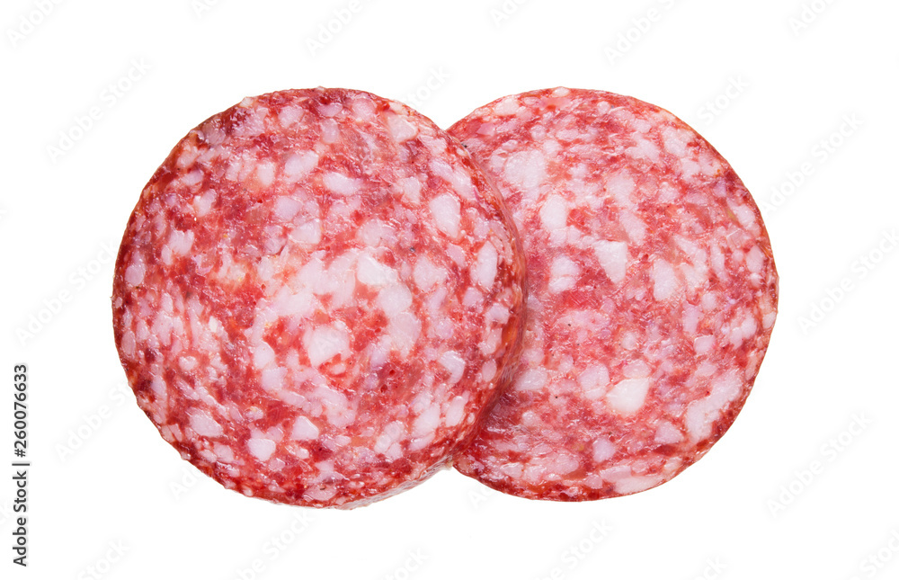 Top view of sliced sausage salami isolated on white background. Top view of sliced sausage salami isolated on white background.