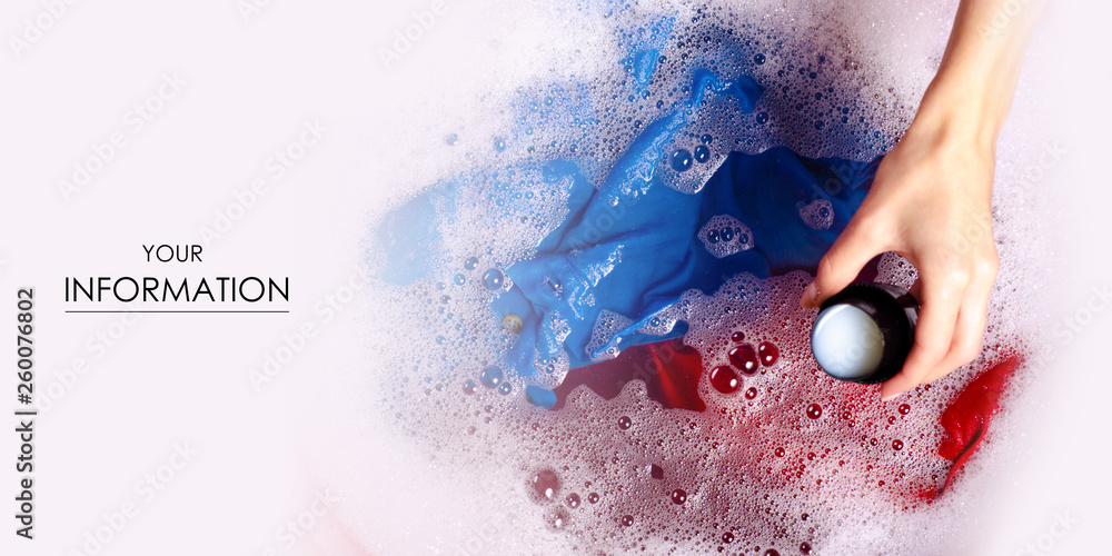 Fototapeta premium Women washing color clothes in basin enemale powdered detergent liquid laundry gel pattern, top view