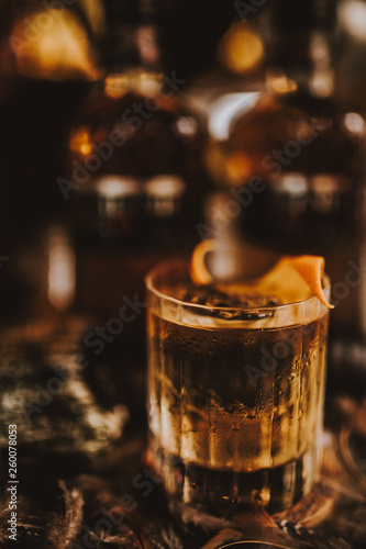 A close up shot of whisky cocktails with ice cubes. Concept of fine alcohol, beverage and cocktails.