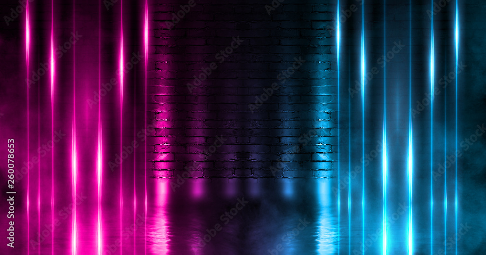 Empty scene background. Dark street, brick walls, reflection of neon light on wet asphalt. Blue and pink neon light in the dark, smoke. Night view of the street, the city. Abstract dark background. Empty scene background. Dark street, brick walls, reflection of neon light on wet asphalt. Blue and pink neon light in the dark, smoke. Night view of the street, the city. Abstract dark background.