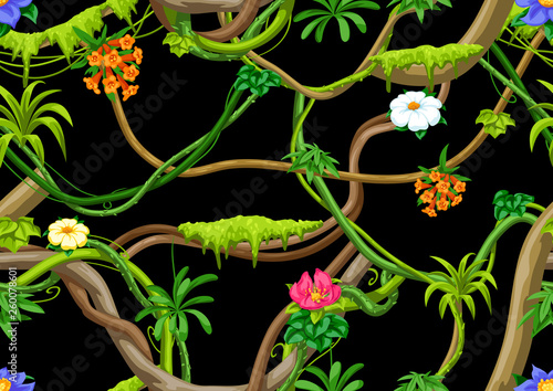 Twisted wild liana branch seamless pattern. Jungle vines plant.