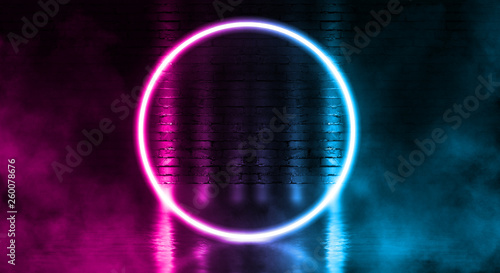 Wallpaper Mural Empty scene background. Dark street, brick walls, reflection of neon light on wet asphalt. Blue and pink neon light in the dark, smoke. Night view of the street, the city. Abstract dark background. Torontodigital.ca