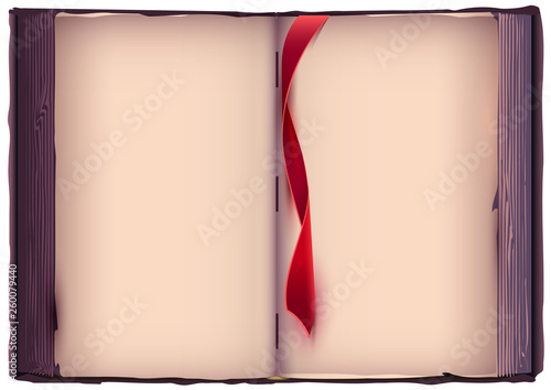 Open book with red bookmark. Old page template