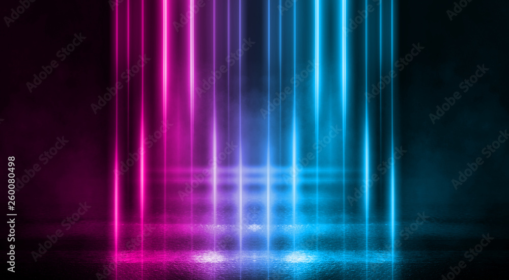 Empty background scene. Dark street, a reflection of blue and pink neon light on wet pavement. Rays of light in the dark, smoke. Night view of the street, the city. Abstract dark background. Empty background scene. Dark street, a reflection of blue and pink neon light on wet pavement. Rays of light in the dark, smoke. Night view of the street, the city. Abstract dark background.