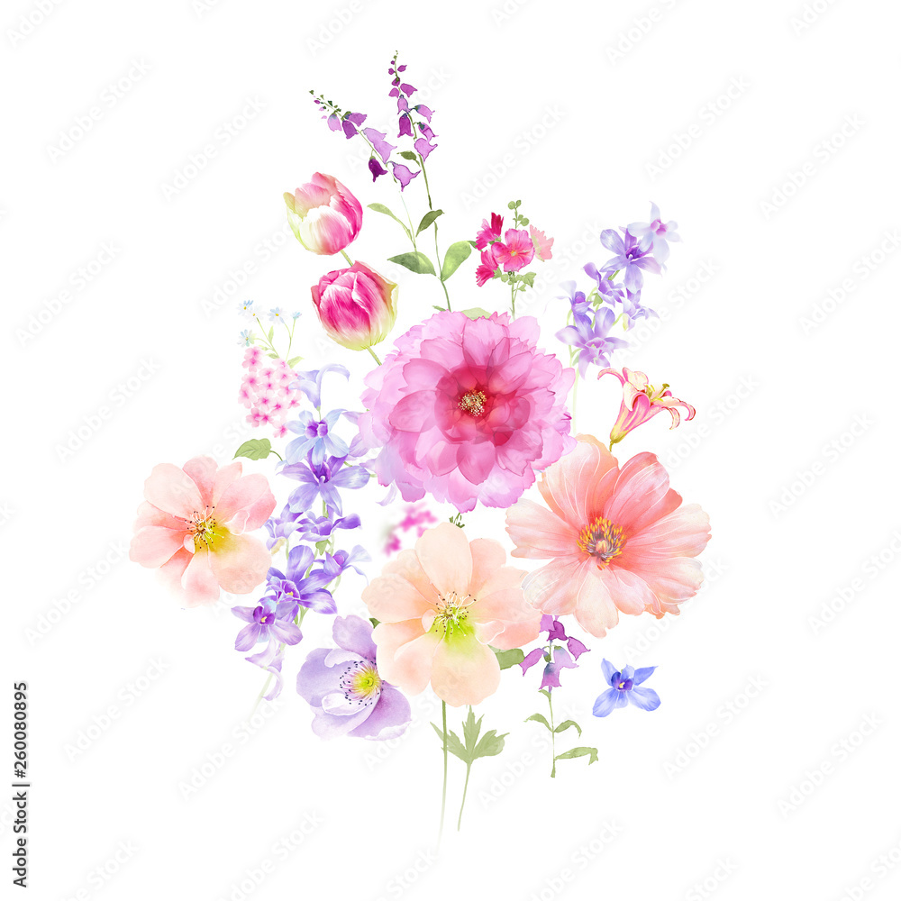 Painted watercolor composition of flowers in pastel colors