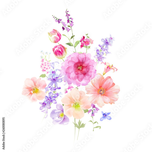 Painted watercolor composition of flowers in pastel colors