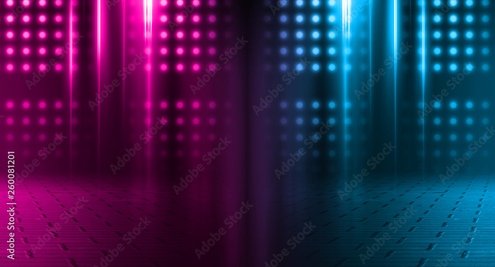 Empty background scene. Dark street, a reflection of blue and pink neon light on wet pavement. Rays of light in the dark, smoke. Night view of the street, the city. Abstract dark background. Empty background scene. Dark street, a reflection of blue and pink neon light on wet pavement. Rays of light in the dark, smoke. Night view of the street, the city. Abstract dark background.