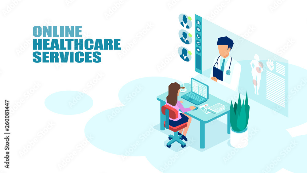 Vector of a patient meeting a doctor online using modern computer technology. Vector of a patient meeting a doctor online using modern computer technology.
