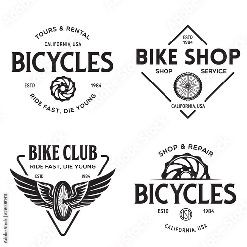 Set of vintage and modern bike shop logo badges and labels. Cycle wheel isolated vector. Old style bicycle shop and repair logotypes.