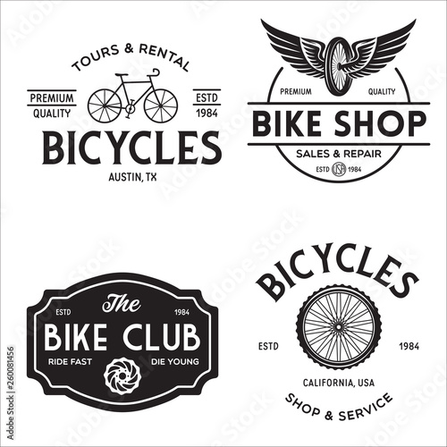 Set of vintage and modern bike shop logo badges and labels. Cycle wheel isolated vector. Old style bicycle shop and repair logotypes.