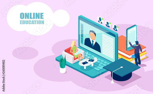 Isometric vector of people students learning receiving college degrees using modern technologies