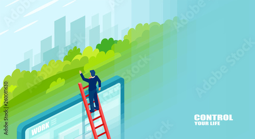 Vector of a businessman climbing up a ladder to get a different perspective of his life