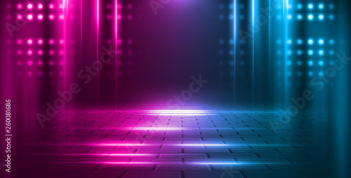 Empty background scene. Dark street, a reflection of blue and pink neon light on wet pavement. Rays of light in the dark, smoke. Night view of the street, the city. Abstract dark background.