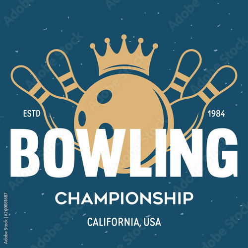 Vector vintage monochrome style bowling logo, icon, symbol. Bowling ball and bowling pins illustration. Trendy design elements.