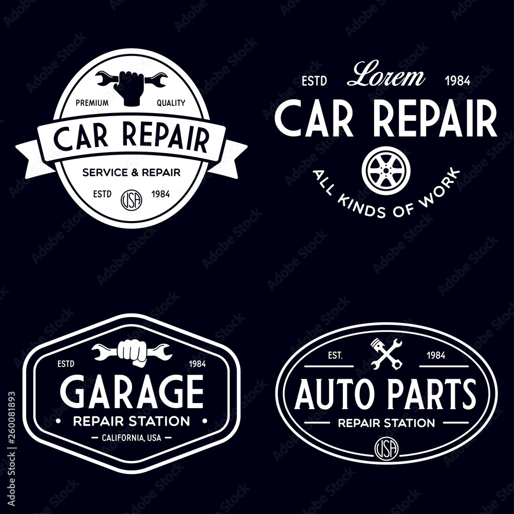 Set of vintage monochrome car repair service templates of emblems