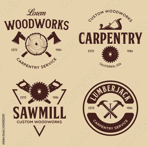 Woodwork badges. Set of carpentry, woodworkers, lumberjack, sawmill service monochrome vector labels, emblems and logos.