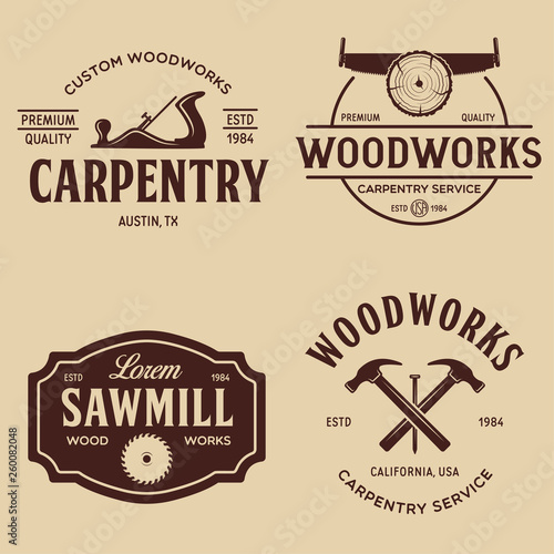 Woodwork badges. Set of carpentry, woodworkers, lumberjack, sawmill service monochrome vector labels, emblems and logos.