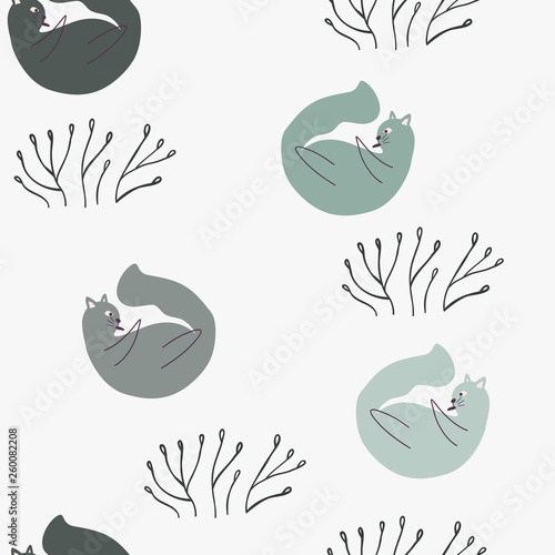 Romantic seamless pattern with cats and stylish flowers.  Creative childish texture. Cartoon cats vector illustration in scandinavian style. Great for fabric, textile.