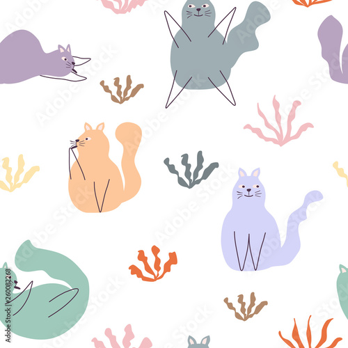 Romantic seamless pattern with cats and stylish flowers.  Creative childish texture. Cartoon cats vector illustration in scandinavian style. Great for fabric, textile.