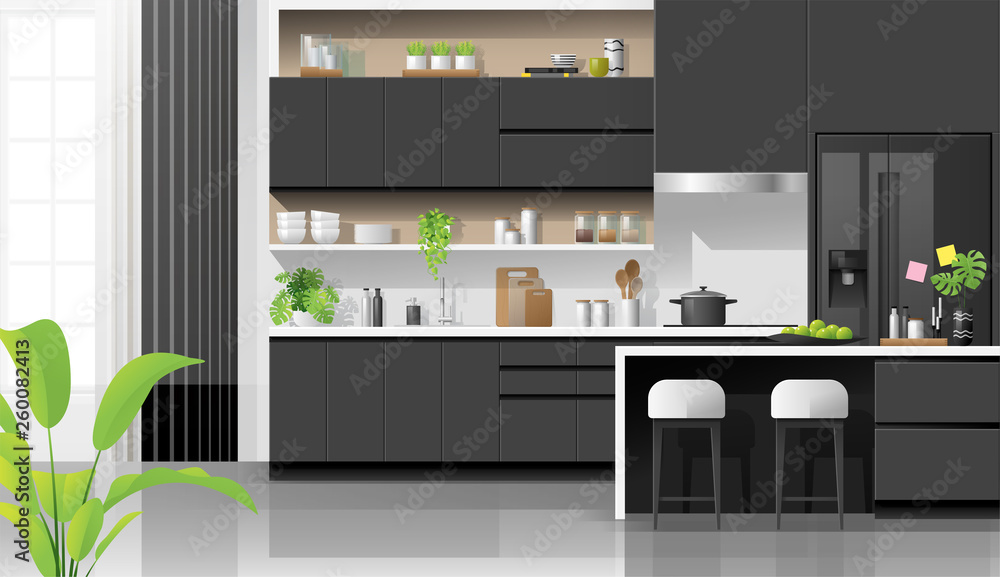 Fototapeta Interior background with modern black and white kitchen , vector , illustration