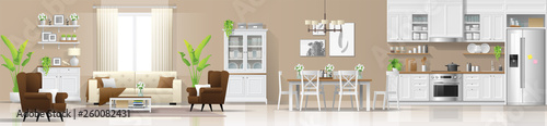 Modern rustic house interior background with living room , dining room and kitchen combination , vector , illustration