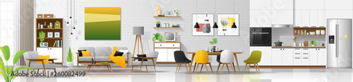 Modern house interior background with living room , dining room and kitchen combination , vector , illustration