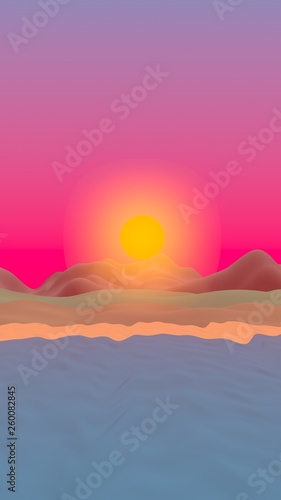 Sun Sea Beach. Sunrise. Ocean shore line with waves on a beach. Island beach paradise with waves. Vacation  summer  relaxation. Seascape  seashore. Minimalist landscape  primitivism. 3D illustration