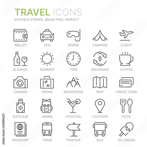 Collection of travel line icons. 48x48 Pixel Perfect. Editable stroke