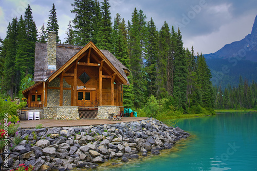 Emerald Lake on a cloudy day with its thawed lake. Summer and fun. Rocky mountain canada (Canadian Rockies). Portrait, fine art. Yoho National Park, British Columbia, Canada: August 3, 2018