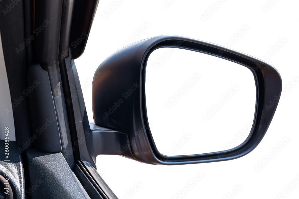 Side view mirror of pickup truck isolated on white background. Stock