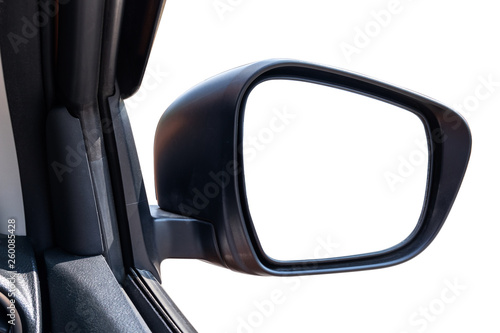 Side view mirror of pickup truck isolated on white background.