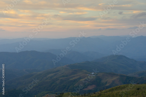 Landscape of overlook mountain field in sunset time on top of view point in thailand.