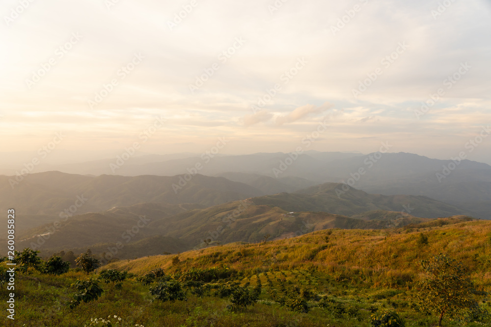 Landscape of overlook mountain field in sunset time on top of view point in thailand.