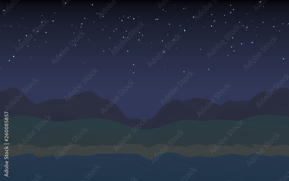 Starry moonless sky. Ocean shore line with waves on a beach. Island beach paradise with waves. Vacation, summer, relaxation. Seascape, seashore. Minimalist landscape, primitivism. 3D illustration