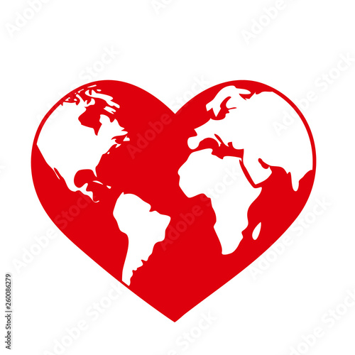 Planet Earth globe in the shape of a red heart. World health day or ecology environmental concept symbol isolated on white background, eps10 vector illustration